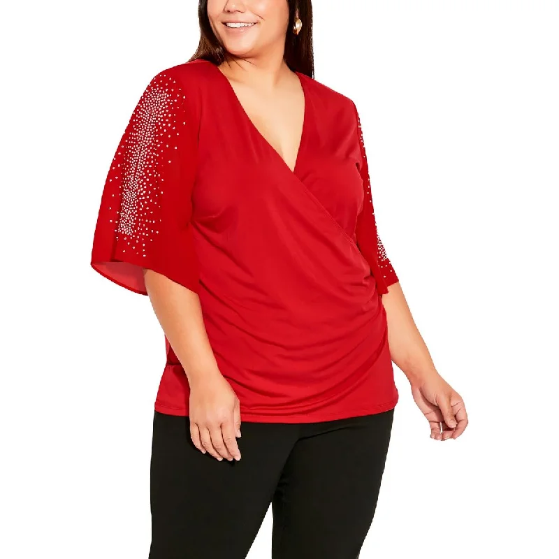 Avenue Womens Plus Matte Jersey Rhinestone Pullover Top Open Front Cardigan