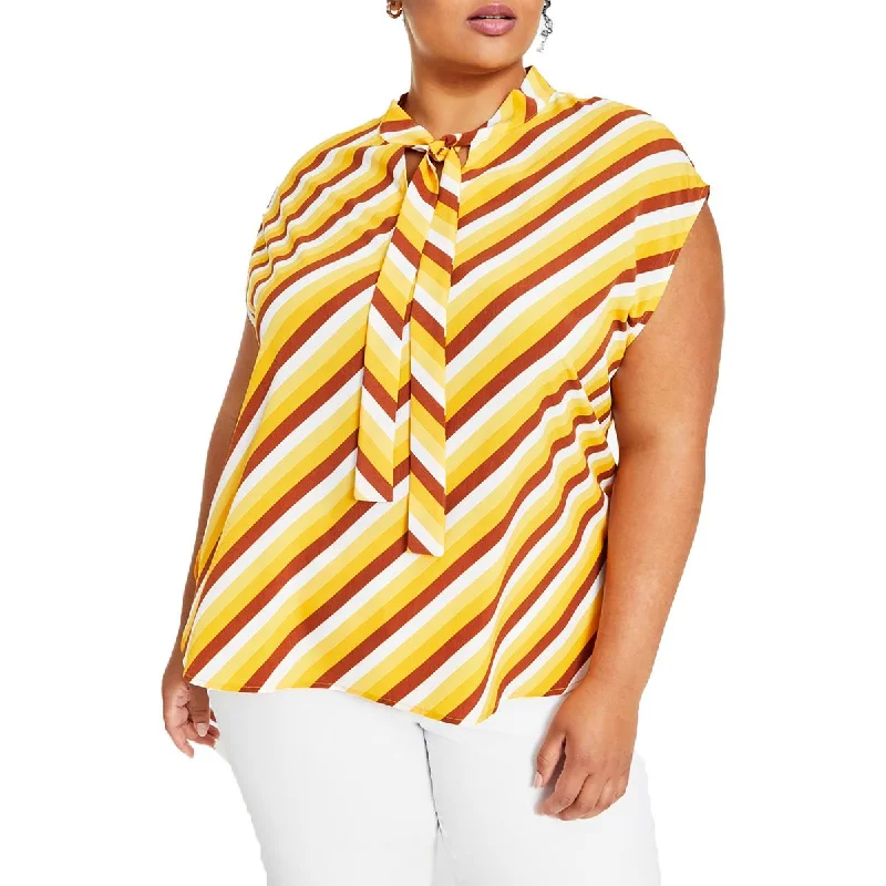 Bar III Womens Plus Striped Neck Tie Pullover Top Asymmetrical Neck Pullover