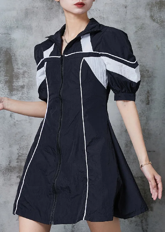 Beautiful Black Zip Up Patchwork Spandex Sweatshirt Dresses Summer Hoodie with Raw Hem Edgy Unfinished Beautiful Black Zip Up Patchwork Spandex Sweatshirt Dresses Summer Hoodie with Raw Hem Edgy Unfinished