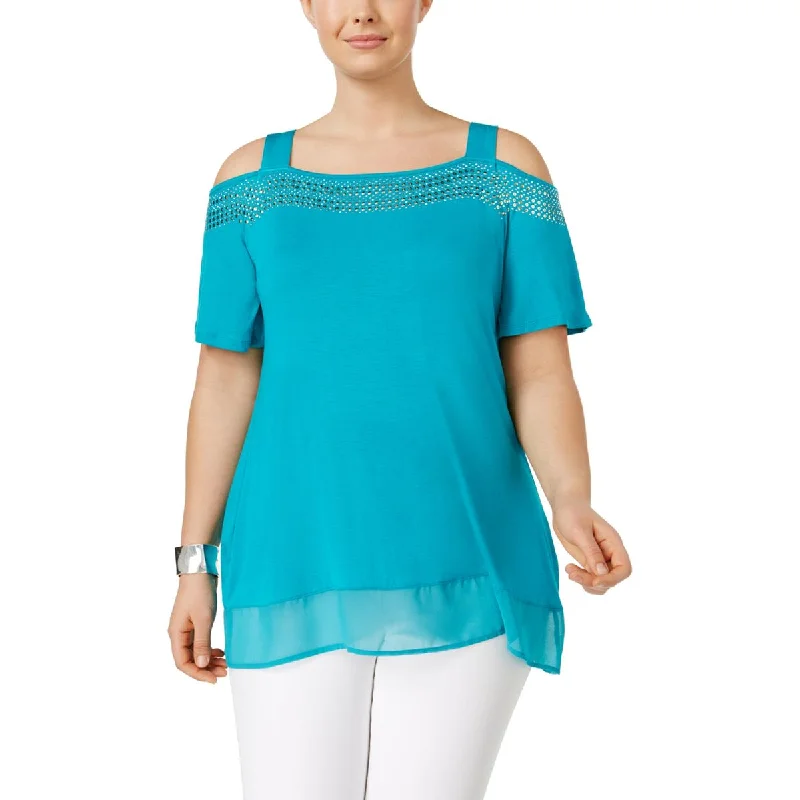 Belldini Womens Plus Embellished Cold Shoulder Pullover Top Jewel Neck Pullover