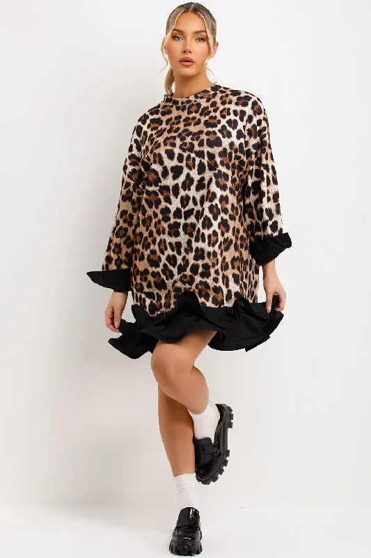 Black Frill Hem Leopard Print Sweatshirt Dress Hoodie with Stripes Bold Sporty