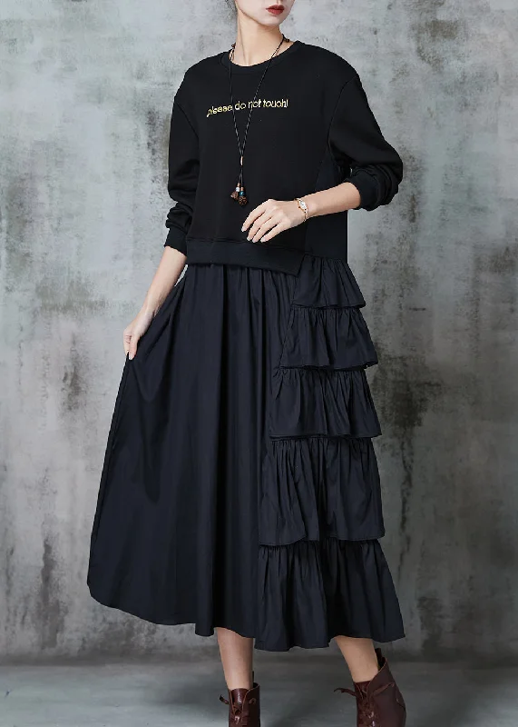 Black Patchwork Cotton Sweatshirt Dress Layered Ruffled Spring Hoodie with Metallic Shiny Futuristic Black Patchwork Cotton Sweatshirt Dress Layered Ruffled Spring Hoodie with Metallic Shiny Futuristic