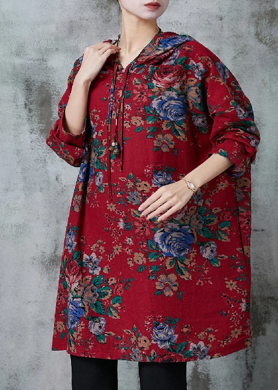Boho Red Oversized Print Cotton Loose Sweatshirts Dress Spring Hoodie with Contrast Stitching Detailed Premium Boho Red Oversized Print Cotton Loose Sweatshirts Dress Spring Hoodie with Contrast Stitching Detailed Premium