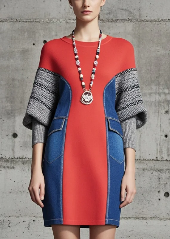 Boho Red Patchwork Denim Cotton Sweatshirts Dress Batwing Sleeve Hoodie with Fur Luxurious Winter Boho Red Patchwork Denim Cotton Sweatshirts Dress Batwing Sleeve Hoodie with Fur Luxurious Winter
