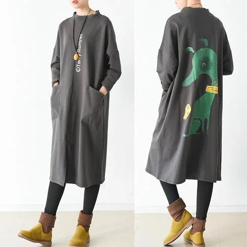Brown oversize big pockets cotton dresses long pullover shirts Cold Shoulder Design