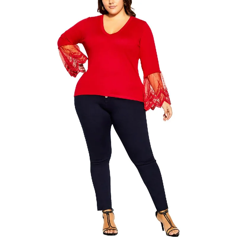 City Chic Womens Plus Lace Trim Pullover Top One Shoulder Top