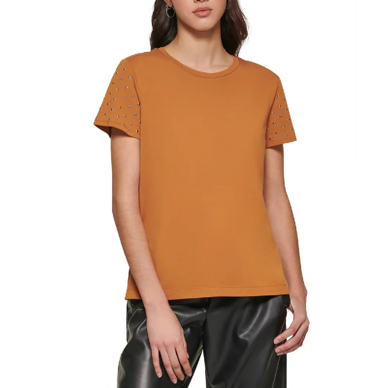 DKNY Womens Studded Crewneck Pullover Top Surplice Neck Pullover