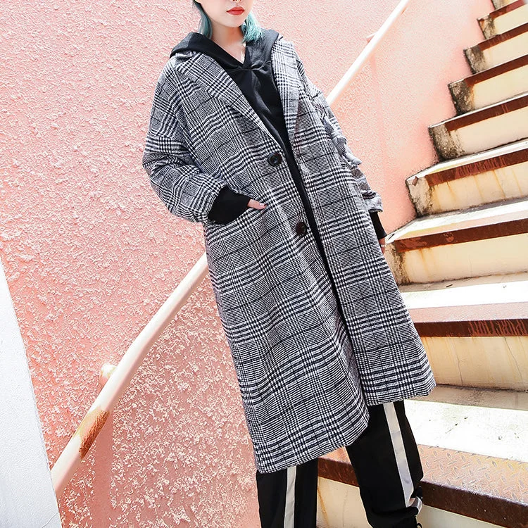 Elegant black Plaid maxi coat casual Notched long coat Fashion zippered baggy long coat Velvet Evening Cape Elegant black Plaid maxi coat casual Notched long coat Fashion zippered baggy long coat Velvet Evening Cape