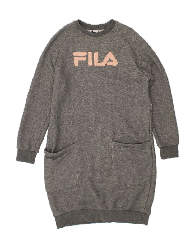 FILA Womens Graphic Sweatshirt Jumper Dress UK 10 Small Grey Cotton Hoodie with Button Placket Classic Preppy FILA Womens Graphic Sweatshirt Jumper Dress UK 10 Small Grey Cotton Hoodie with Button Placket Classic Preppy
