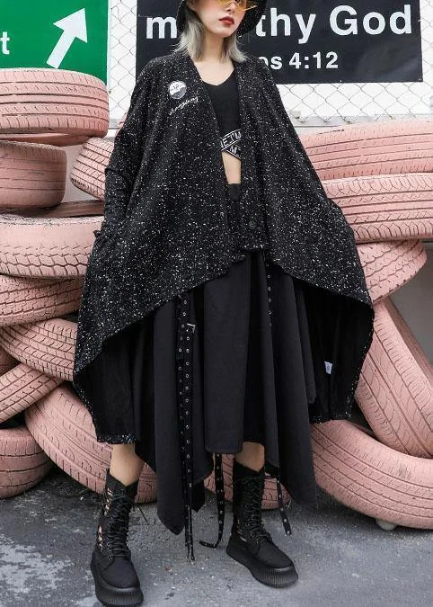 For fall blended outwear trendy plus size black asymmetric cardigan Patchwork Embroidered Appliqued