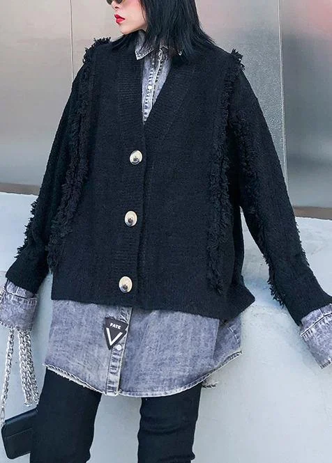 For Spring black knit cardigans oversize knitwear lapel patchwork tops Slim Fit Regular Fit Oversized For Spring black knit cardigans oversize knitwear lapel patchwork tops Slim Fit Regular Fit Oversized