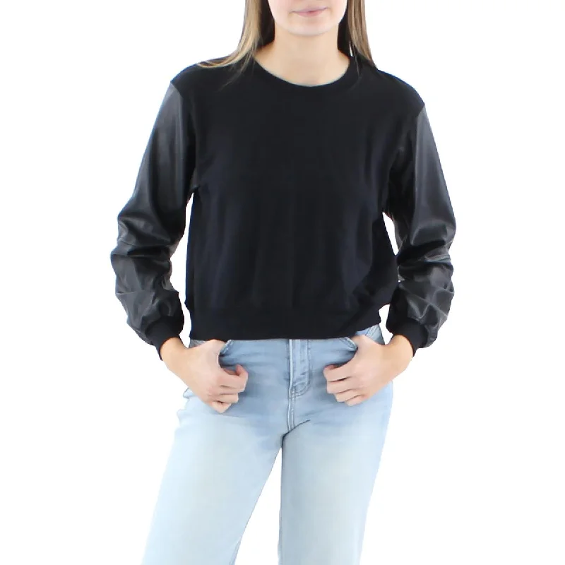 Generation Love Womens Eva Faux Leather Crewneck Pullover Top Honey Neck Pullover