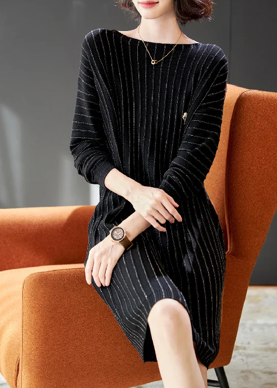 Handmade Black Striped Knit Pullover Streetwear Dress Spring Spaghetti Sleeve Top