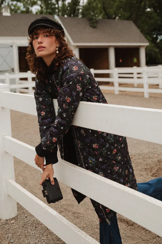 Harlowe Quilted Jacket in Floral Welt Pockets Slit Pockets Flap Pockets
