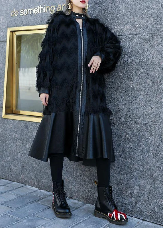 Italian black patchwork PU fine Coats Women pattern stand collar tassel fall coats Sleek Leather Jacket Italian black patchwork PU fine Coats Women pattern stand collar tassel fall coats Sleek Leather Jacket
