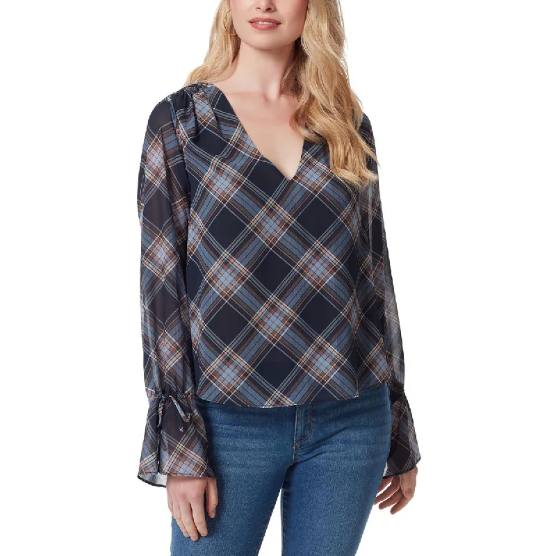 Jessica Simpson Womens Aurora Plaid V-Neck Pullover Top Bardot Neck Top