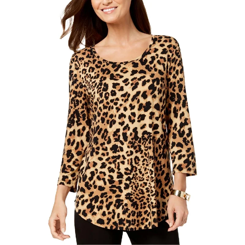 JM Collection Womens Petites Animal Print Pullover Top Port Neck Pullover