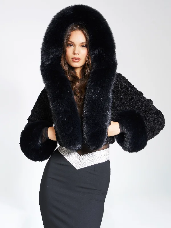 Kali Black Cropped Faux Fur Jacket With Hood Plaid Jacket Tartan Jacket Houndstooth Jacket Kali Black Cropped Faux Fur Jacket With Hood Plaid Jacket Tartan Jacket Houndstooth Jacket