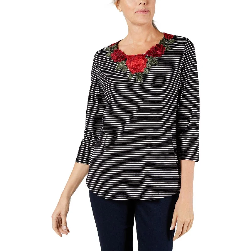 Karen Scott Womens Striped Embroidered Pullover Top Crew Neck Wool