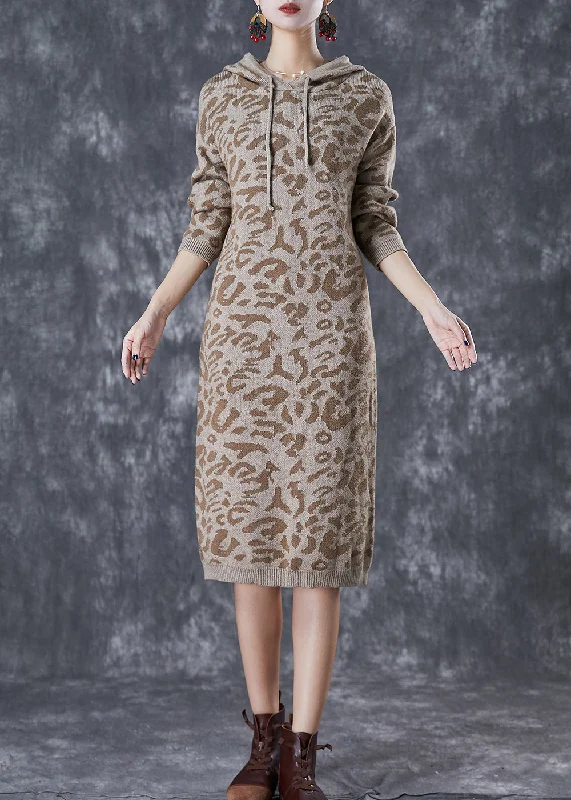 Khaki Leopard Print Knit Sweatshirt Dress Hooded Drawstring Fall Hoodie with Stripes Bold Sporty Khaki Leopard Print Knit Sweatshirt Dress Hooded Drawstring Fall Hoodie with Stripes Bold Sporty