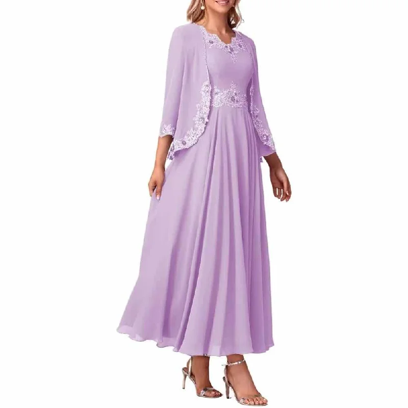 Lace Applique 2 Piece Mother of The Bride Dresses Chiffon Evening Formal Dress with Jacket Satin Jacket Silk Jacket Chiffon Jacket
