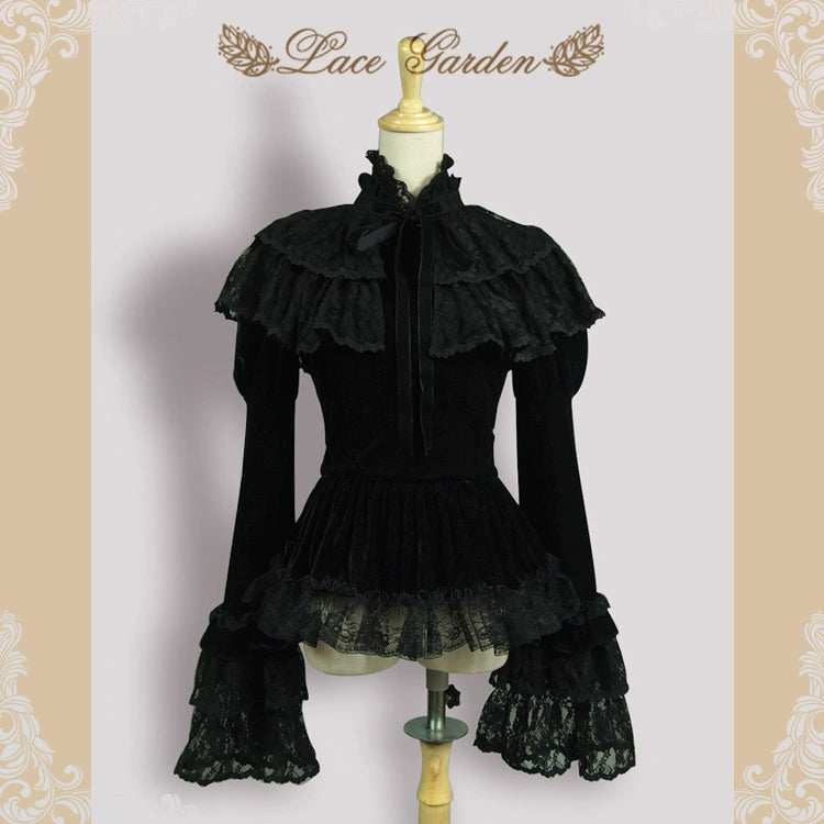 (BFM)Lace Garden~Black Lolita Coat Velvet Winter Lolita Short Jacket Shirt Lace Jacket Ribbed Jacket Sequined Jacket (BFM)Lace Garden~Black Lolita Coat Velvet Winter Lolita Short Jacket Shirt Lace Jacket Ribbed Jacket Sequined Jacket