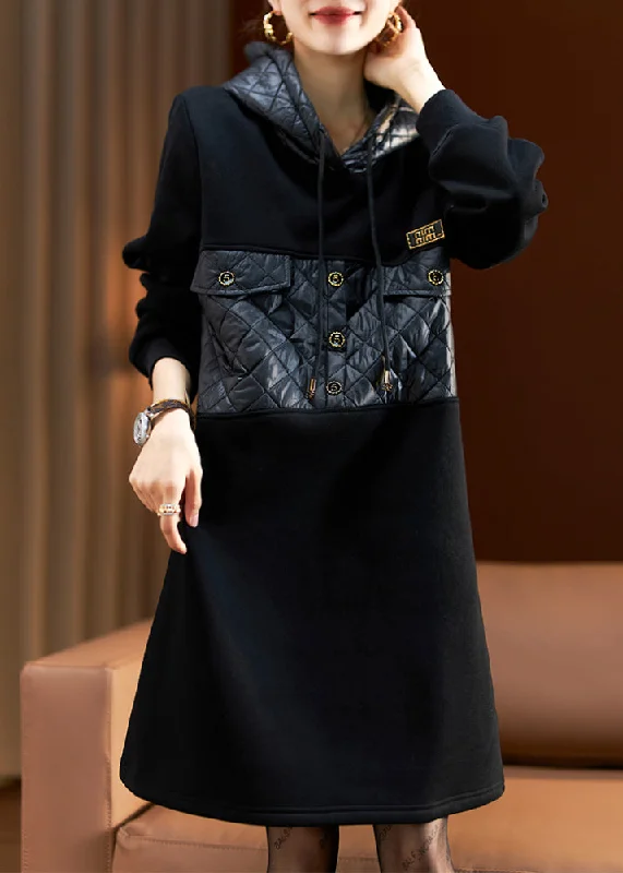 Loose Black Hooded Patchwork Cotton Filled Sweatshirt Mid Dresses Spring Hoodie with Drop Shoulder Relaxed Streetwear Loose Black Hooded Patchwork Cotton Filled Sweatshirt Mid Dresses Spring Hoodie with Drop Shoulder Relaxed Streetwear