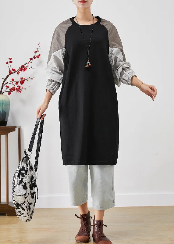 Modern Black Oversized Patchwork Cotton Sweatshirt Dress Fall Hoodie with Thumb Holes Functional Cozy Modern Black Oversized Patchwork Cotton Sweatshirt Dress Fall Hoodie with Thumb Holes Functional Cozy