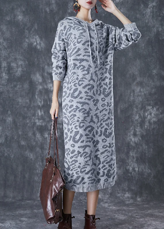 Modern Grey Hooded Leopard Print Knit Pullover Sweatshirt Dress Fall Hoodie with Ribbed Hem Stretchable Secure Modern Grey Hooded Leopard Print Knit Pullover Sweatshirt Dress Fall Hoodie with Ribbed Hem Stretchable Secure