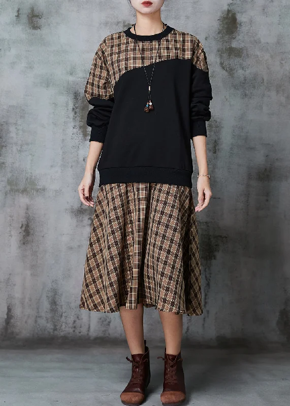 Modern Khaki Plaid Patchwork Cotton Loose Sweatshirts Dress Spring Hoodie with Frayed Bohemian Relaxed Modern Khaki Plaid Patchwork Cotton Loose Sweatshirts Dress Spring Hoodie with Frayed Bohemian Relaxed