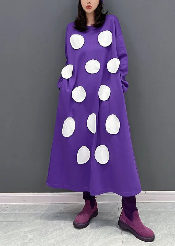 Modern Purple Oversized Dot Applique Cotton Pullover Sweatshirt Dresses Fall Hoodie with Embroidery Detailed Premium