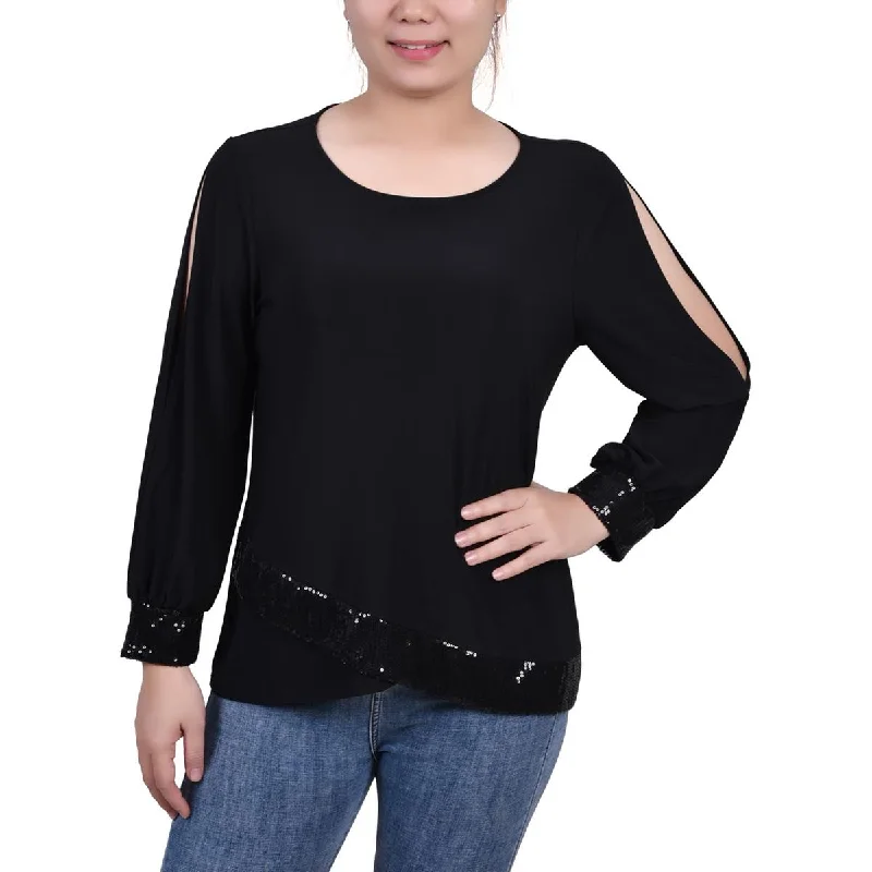 NY Collection Womens Petites Jersey Embellished Pullover Top Wide Sleeve Pullover