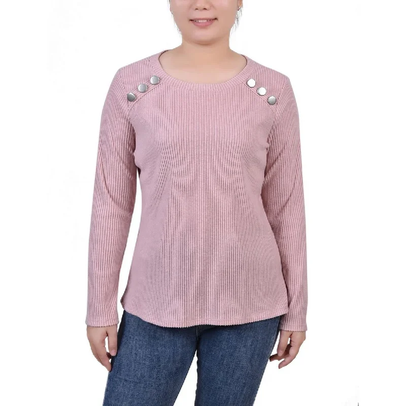 NY Collection Womens Petites Ribbed Button Detail Pullover Top Wrist Length Sleeve