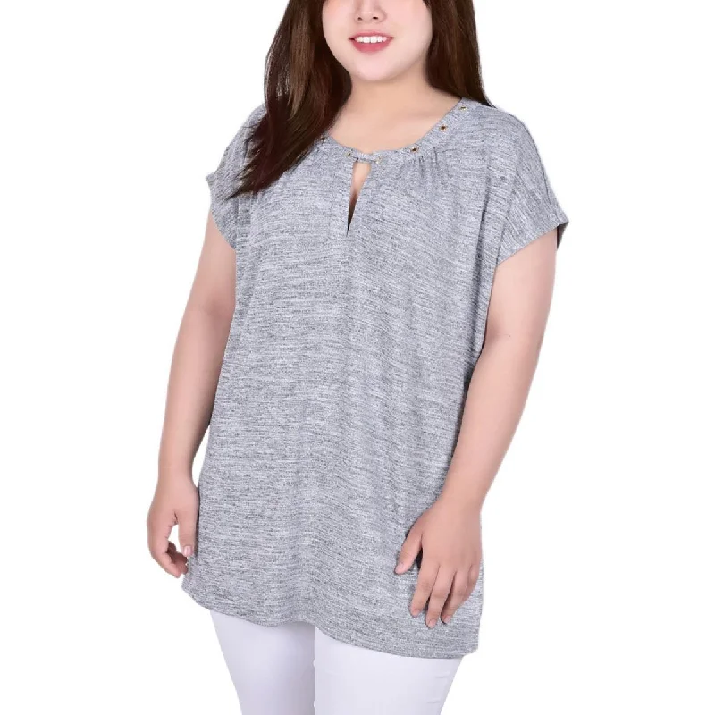 NY Collection Womens Plus Heathered Knit Pullover Top Scalloped Neck Pullover