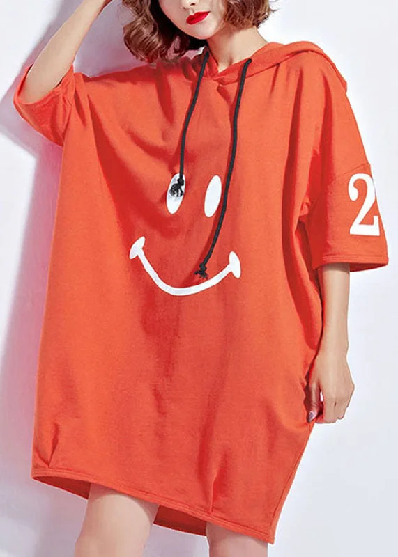 Orange Letter Print Cotton Sweatshirt Dresses Drawstring Hooded Short Sleeve Hoodie with Pastel Soft Subtle Orange Letter Print Cotton Sweatshirt Dresses Drawstring Hooded Short Sleeve Hoodie with Pastel Soft Subtle