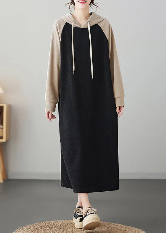 Plus Size Black Patchwork Cotton Hooded Sweatshirt Dresses Fall Oversized Hoodie Comfort Casual Plus Size Black Patchwork Cotton Hooded Sweatshirt Dresses Fall Oversized Hoodie Comfort Casual