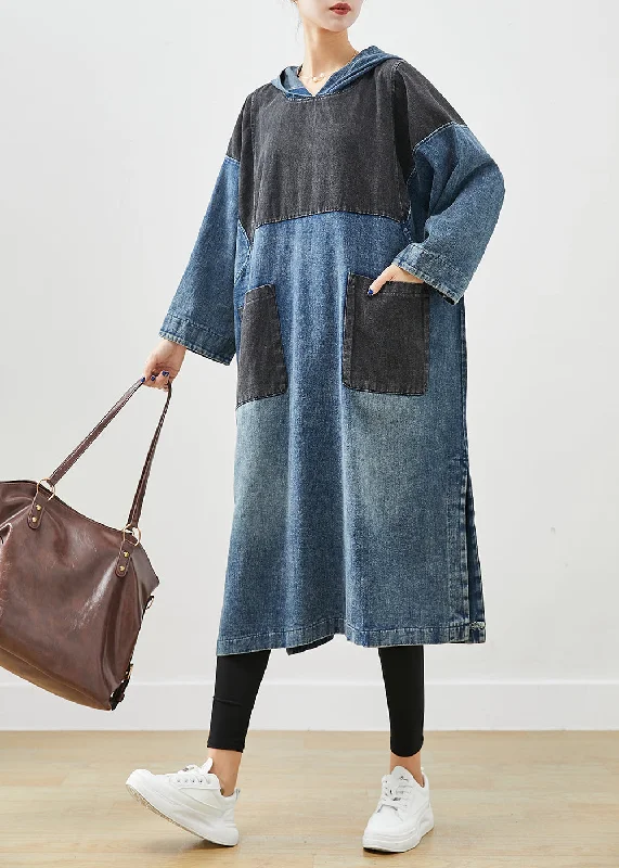 Plus Size Blue Hooded Patchwork Side Open Cotton Sweatshirt Dress Fall Graphic Hoodie Design Print Plus Size Blue Hooded Patchwork Side Open Cotton Sweatshirt Dress Fall Graphic Hoodie Design Print