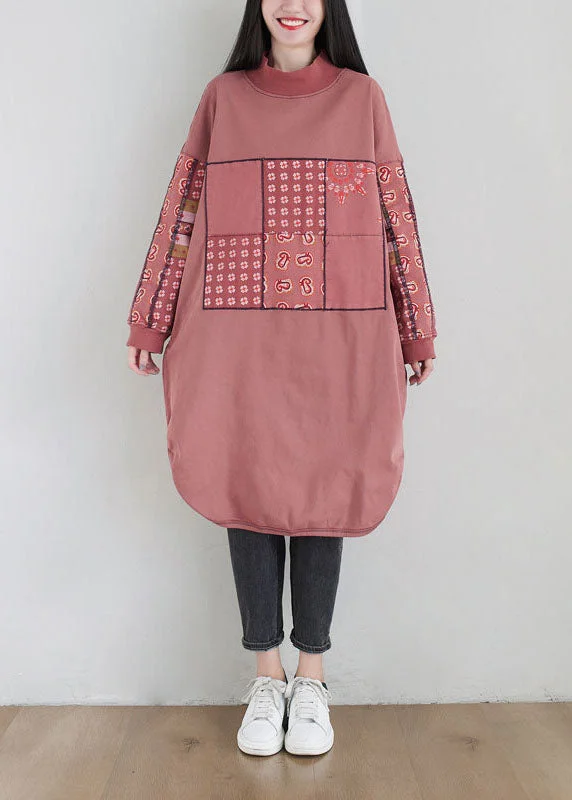 Plus Size Pink Stand Collar Print Cotton Loose Sweatshirt Dress Spring Hoodie with Hem Raw Edge Edgy Unfinished Plus Size Pink Stand Collar Print Cotton Loose Sweatshirt Dress Spring Hoodie with Hem Raw Edge Edgy Unfinished