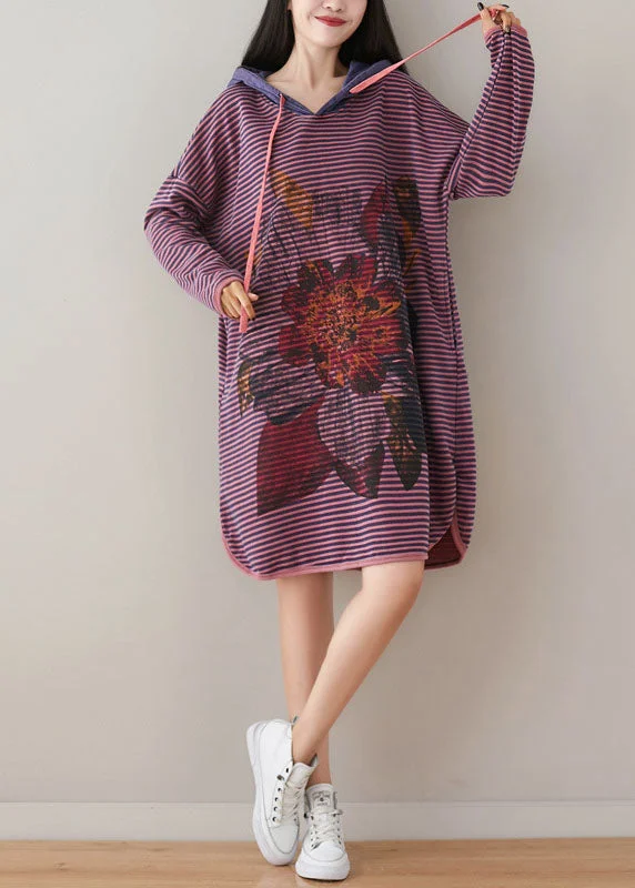 Plus Size Purple Hooded Striped Print Cotton Sweatshirt Dress Spring Hoodie with Hem Patch Decorative Personalized Plus Size Purple Hooded Striped Print Cotton Sweatshirt Dress Spring Hoodie with Hem Patch Decorative Personalized