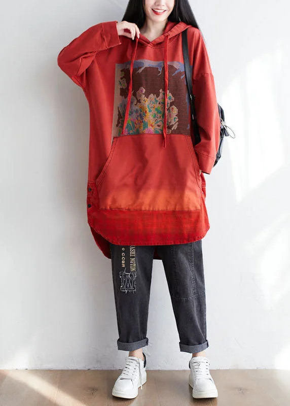 Plus Size Red Hooded Pockets Print Cotton Sweatshirt Dress Spring Hoodie with Hem Contrast Bold Stylish Plus Size Red Hooded Pockets Print Cotton Sweatshirt Dress Spring Hoodie with Hem Contrast Bold Stylish