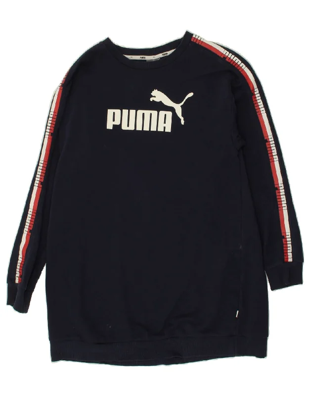 PUMA Womens Graphic Sweatshirt Jumper Dress UK 14 Large Navy Blue Cotton Hoodie with Zipper Placket Modern Functional PUMA Womens Graphic Sweatshirt Jumper Dress UK 14 Large Navy Blue Cotton Hoodie with Zipper Placket Modern Functional