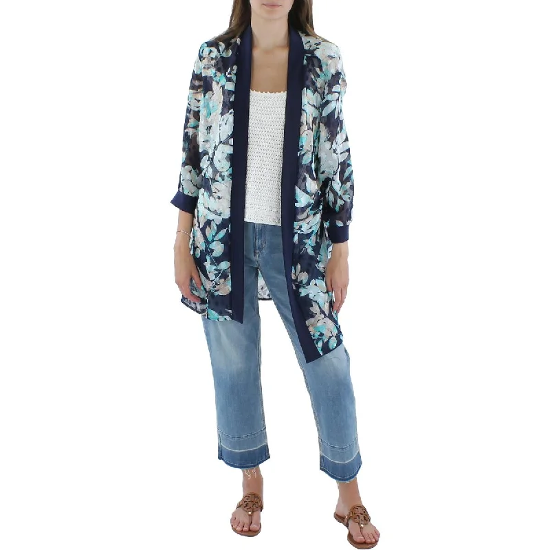 R&M Richards Womens Jacquard Floral Duster Blazer Women's Leather Blazer