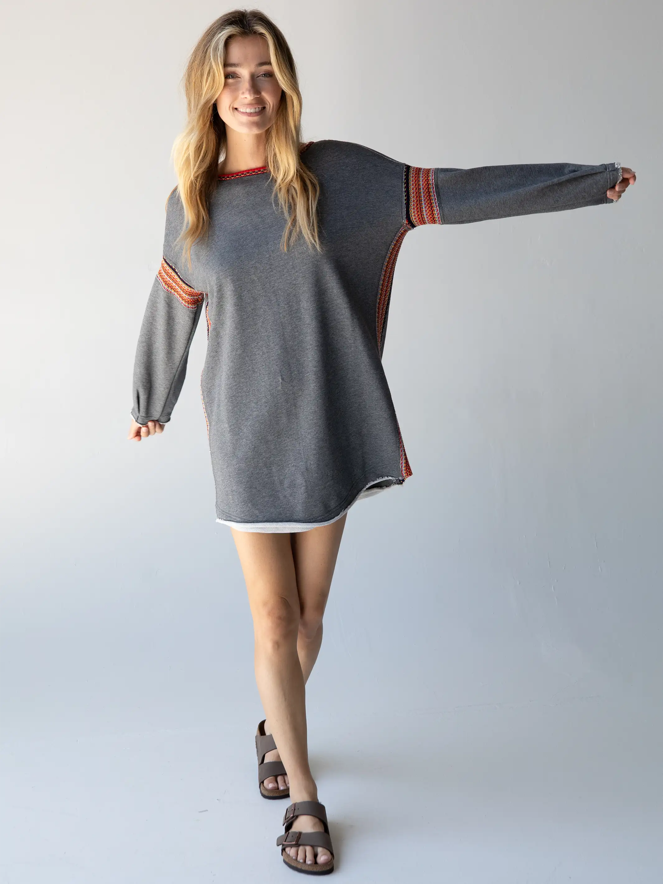 Reversible Trim Sweatshirt Dress - Heather Grey Hoodie with Hem Frayed Vintage Worn