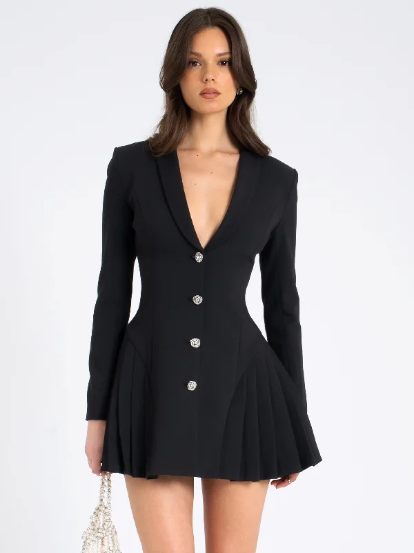 Ria Black Blazer Mini Dress with Crystal Button and Pleated Detail Women's Vacation Suit