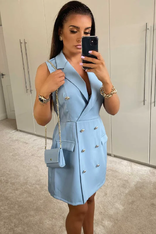 Sleeveless Blazer Dress With Gold Buttons Sky Blue Women's Designer Suit