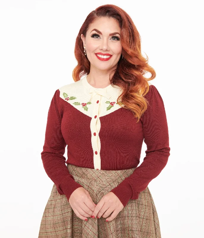 Smak Parlour 1960s Burgundy & Ivory Mistletoe Cardigan Button Cardigan Zip Cardigan Pullover Cardigan Smak Parlour 1960s Burgundy & Ivory Mistletoe Cardigan Button Cardigan Zip Cardigan Pullover Cardigan