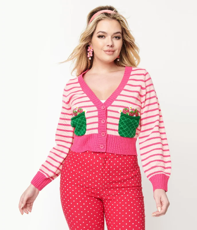 Smak Parlour 1960s Pink Stripes & Strawberry Pocket Cardigan Cardigan Knitwear Sweater Smak Parlour 1960s Pink Stripes & Strawberry Pocket Cardigan Cardigan Knitwear Sweater