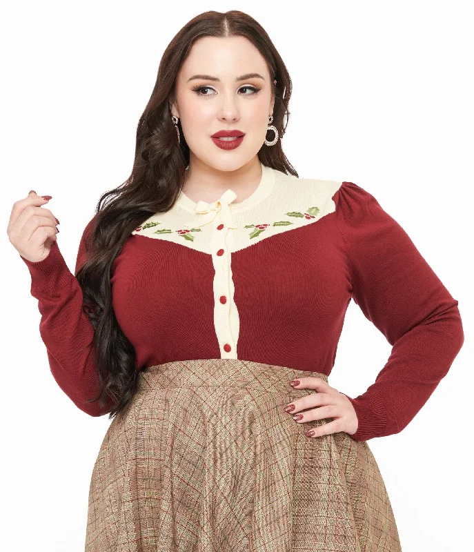 Smak Parlour Plus Size 1960s Burgundy & Ivory Mistletoe Cardigan Crew Neck V-Neck Turtle Neck Smak Parlour Plus Size 1960s Burgundy & Ivory Mistletoe Cardigan Crew Neck V-Neck Turtle Neck
