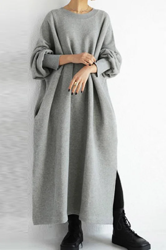 Solid Crew Neck Slit Sweatshirt Dress Hoodie with Reflective Safety Nightwear