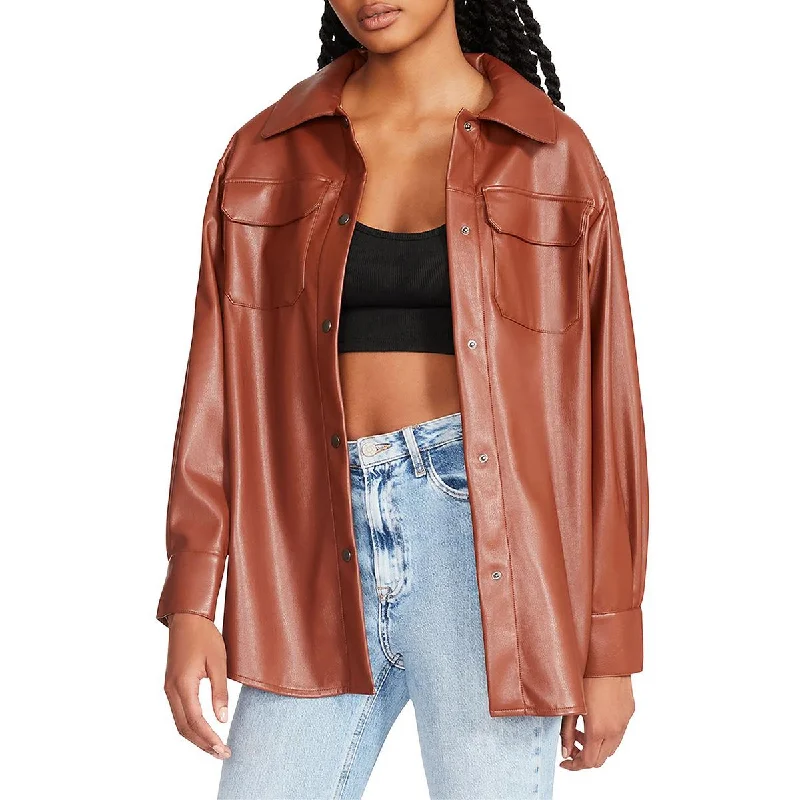 Steve Madden Womens Faux Leather Snap Front Shirt Jacket Anorak Shell Jacket Lightweight Jacket Steve Madden Womens Faux Leather Snap Front Shirt Jacket Anorak Shell Jacket Lightweight Jacket